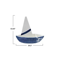 Hello Honey Stoneware Sailboat Shaped Chip and Dip with 2 Sections and Removable Sail, Blue and White