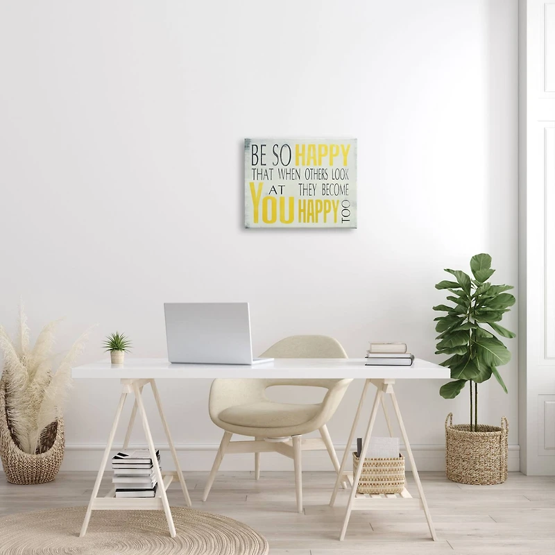 Stupell Industries Be So Happy Typography Framed Giclee Texturized Art Canvas Wall Art