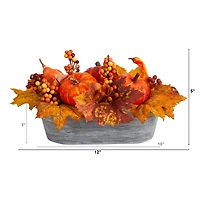 12" Pumpkin & Berries Autumn Harvest Arrangement In Washed Vase