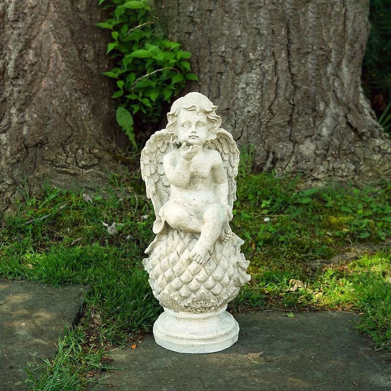 18" Cherub Angel Sitting on Finial Outdoor Garden Statue