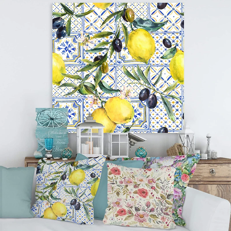 Designart - Lemon Ornament On Blue Geometrical Pattern III