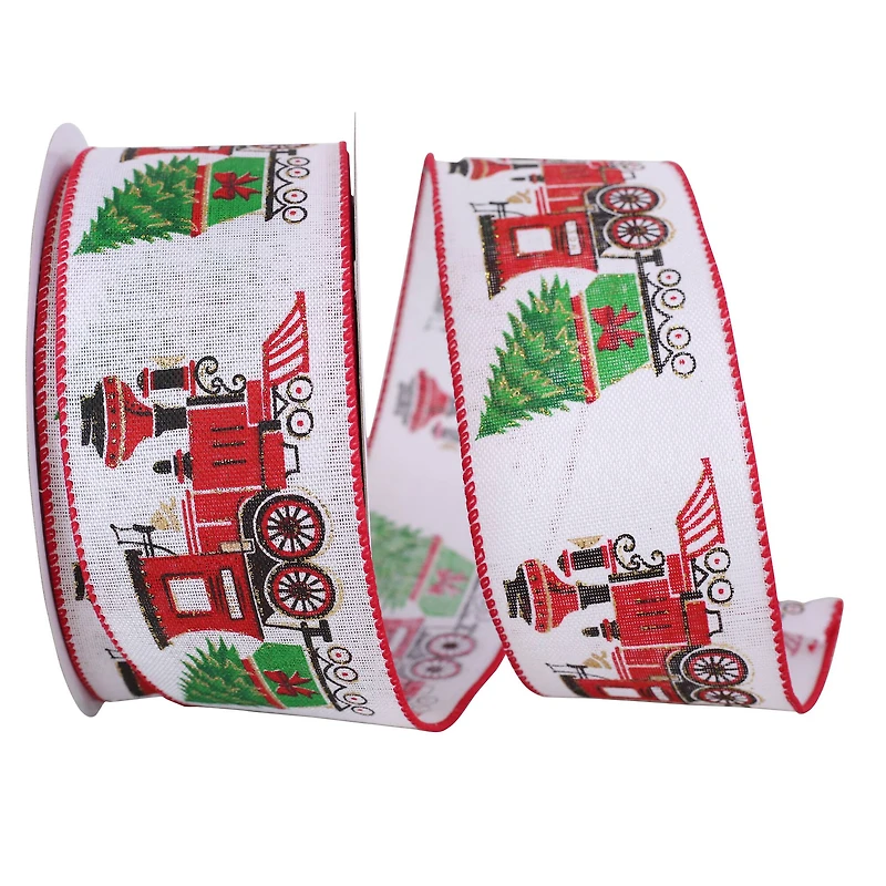 JAM Paper 2.5" x 20yd. Train with Christmas Tree Linen Ribbon
