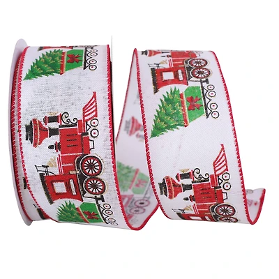 JAM Paper 2.5" x 20yd. Train with Christmas Tree Linen Ribbon