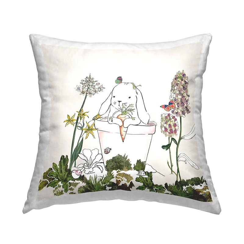 Stupell Industries Bunny Flower Pot Botanical Lilac Floral Blooms Throw Pillow, 18" x 18"