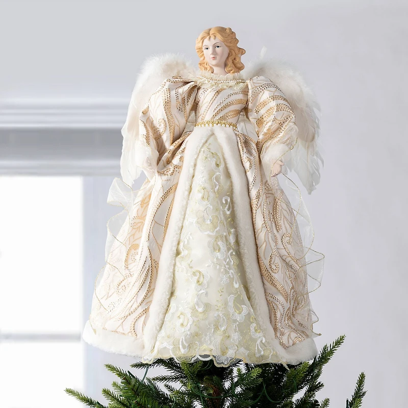 Glitzhome® 24"H Faux Fur & PVC Christmas Elegant Angel Tree Topper with Porcelain Face