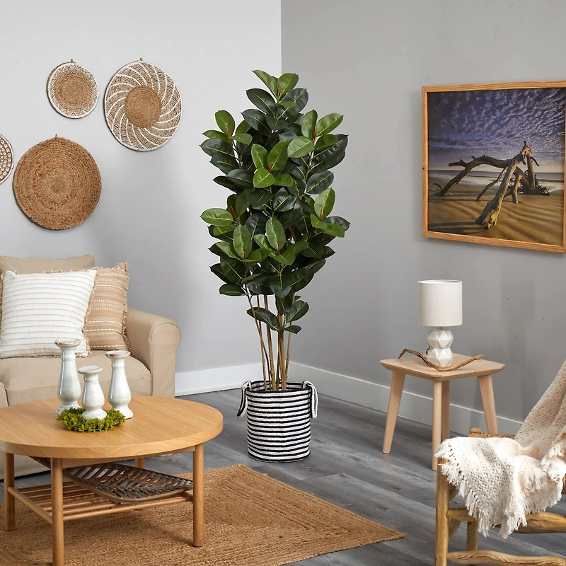 5.5ft. Oak Tree in Handmade Black & White Natural Jute & Cotton Planter