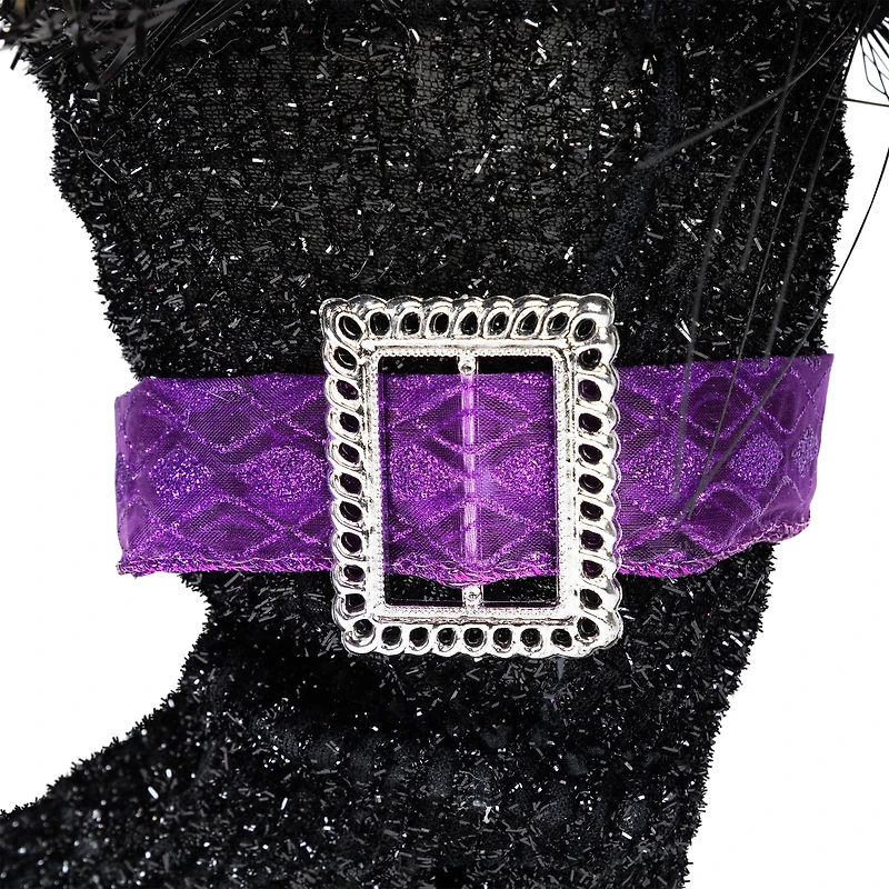 12" Black Witch's Boot with Purple Glittered Roses Halloween Decoration