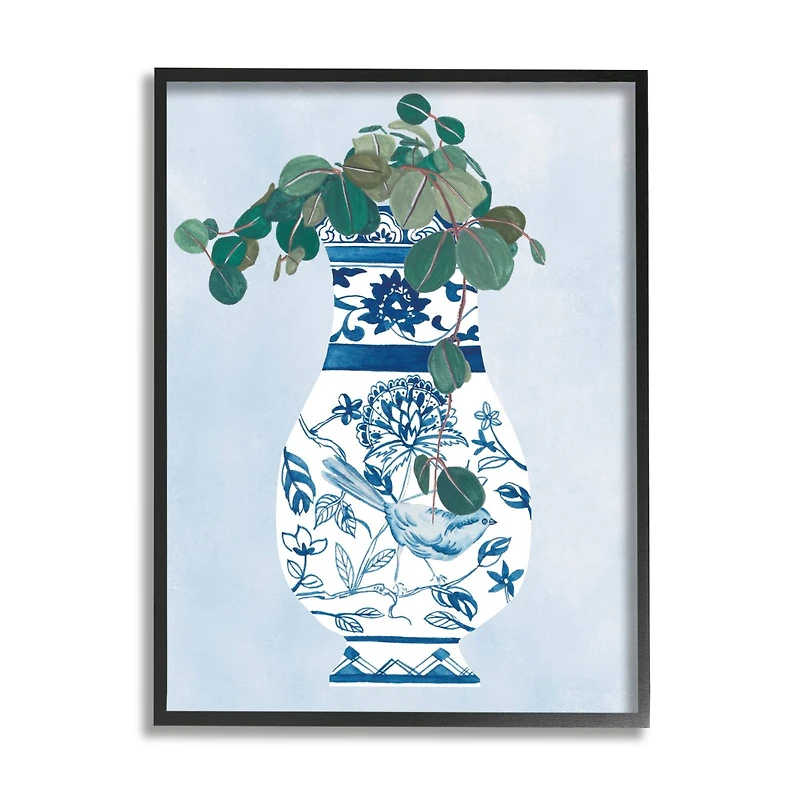 Stupell Industries Green Vine Plant Ornate Blue Bird Vase Framed Wall Art