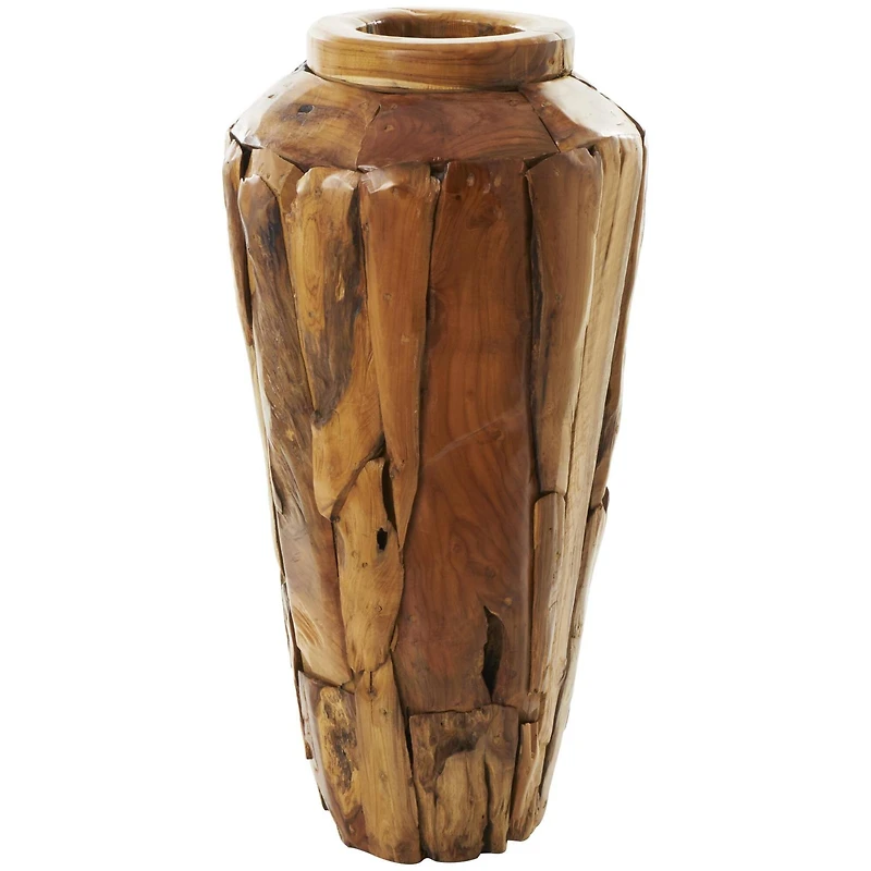 Brown Teak Wood Handmade Tall Floor Vase with Mosaic Live Edge