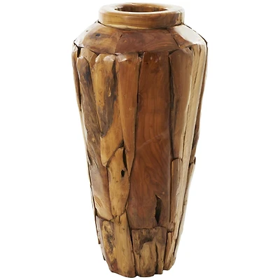 Brown Teak Wood Handmade Tall Floor Vase with Mosaic Live Edge