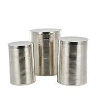 Silver Metal Ribbed Drum Accent Table Set