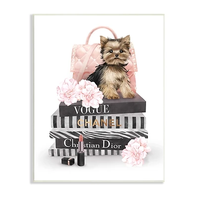 Stupell Industries Yorkie Puppy Glam Quilted Purse Fashion Bookstack Wall Plaque