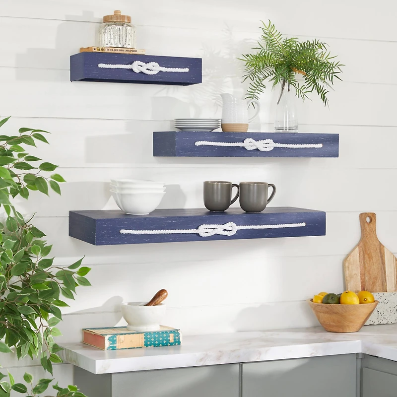 Blue Wood Contemporary Wall Shelf, 3" x 32" x 10"