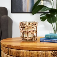 9" Clear Glass Handmade Candle Lantern with Brown Rattan Woven Exterior & Twisted Handle