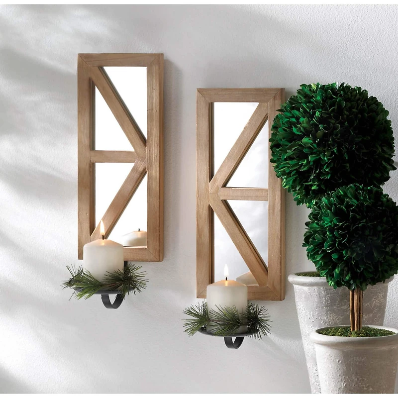 Mirrored Wood Candle Sconce Set