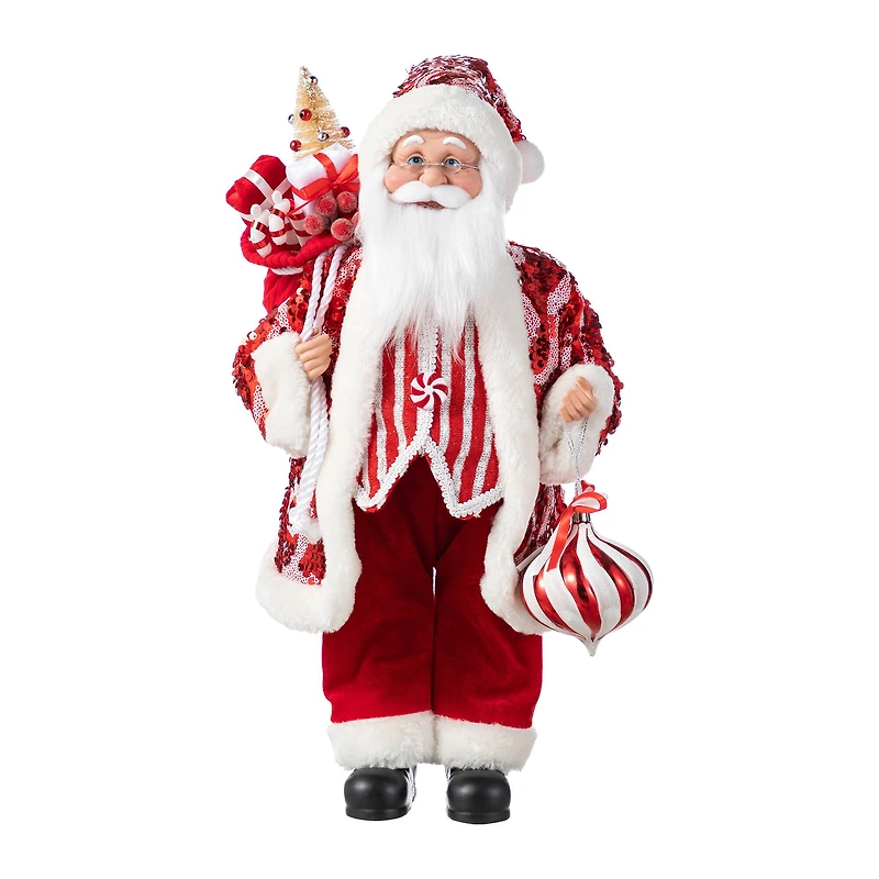 Glitzhome® 18"H Faux Fur Christmas Peppermint Santa Figurine