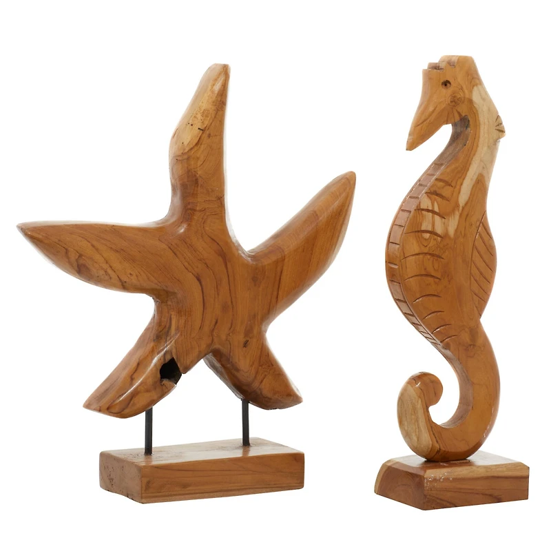 Set of 2 Brown Teak Wood Natural Sculpture 17", 18"