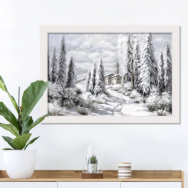 Snowy Forest White Framed Canvas Wall Art