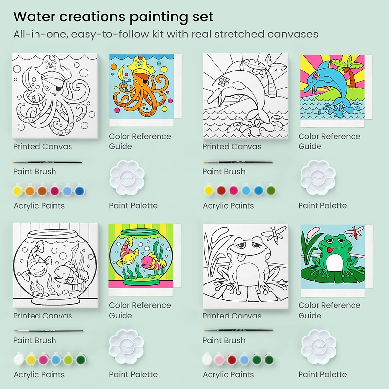 Arteza® Kids Canvas Paint Kit, 4 8x8 Canvas with Brushes & Paints Water Creatures