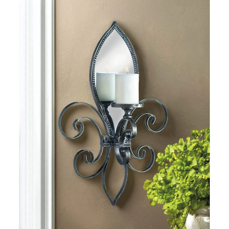 22" Mirrored Fleur-De-Lis Candle Wall Sconce
