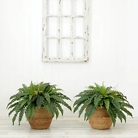 23" Artificial Boston Fern Plant with Handmade Jute & Cotton Basket with Handles