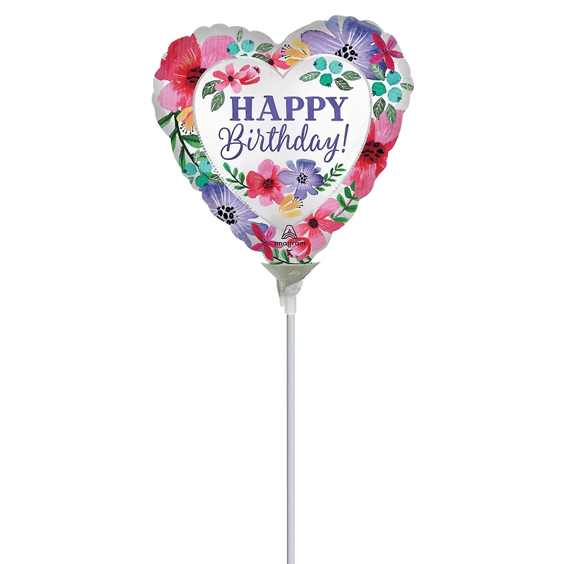 9" Satin Happy Birthday Florals Foil Stick Balloon