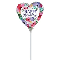 9" Satin Happy Birthday Florals Foil Stick Balloon