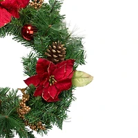 24" Red Poinsettias Gold Pinecones & Berries Artificial Wreath
