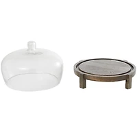12.5" Dark Brown Mango Wood Cake Stand with Glass Cloche
