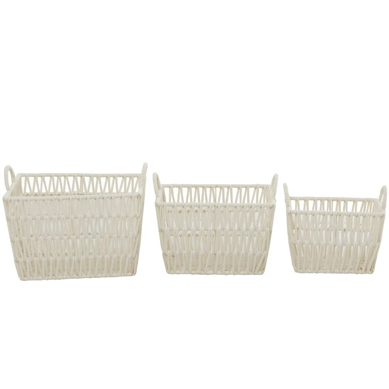 White Cotton Handmade Storage Basket with Handles Set of 3 12", 11", 10"