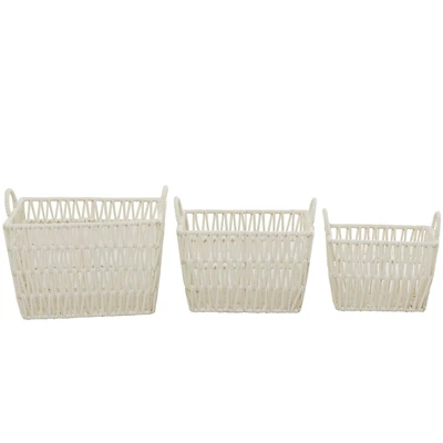 White Cotton Handmade Storage Basket with Handles Set of 3 12", 11", 10"