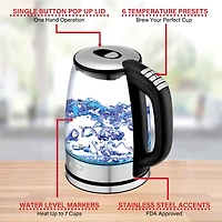 Brentwood 1.79qt. Cordless Digital Glass Electric Kettle with 6 Precise Temperature Presets and Swivel Base