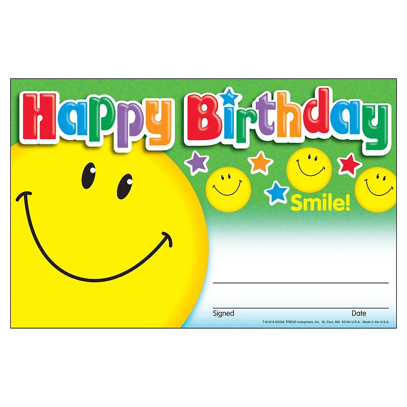 Trend Enterprises® Happy Birthday Smile Recognition Awards, 6 Packs of 30