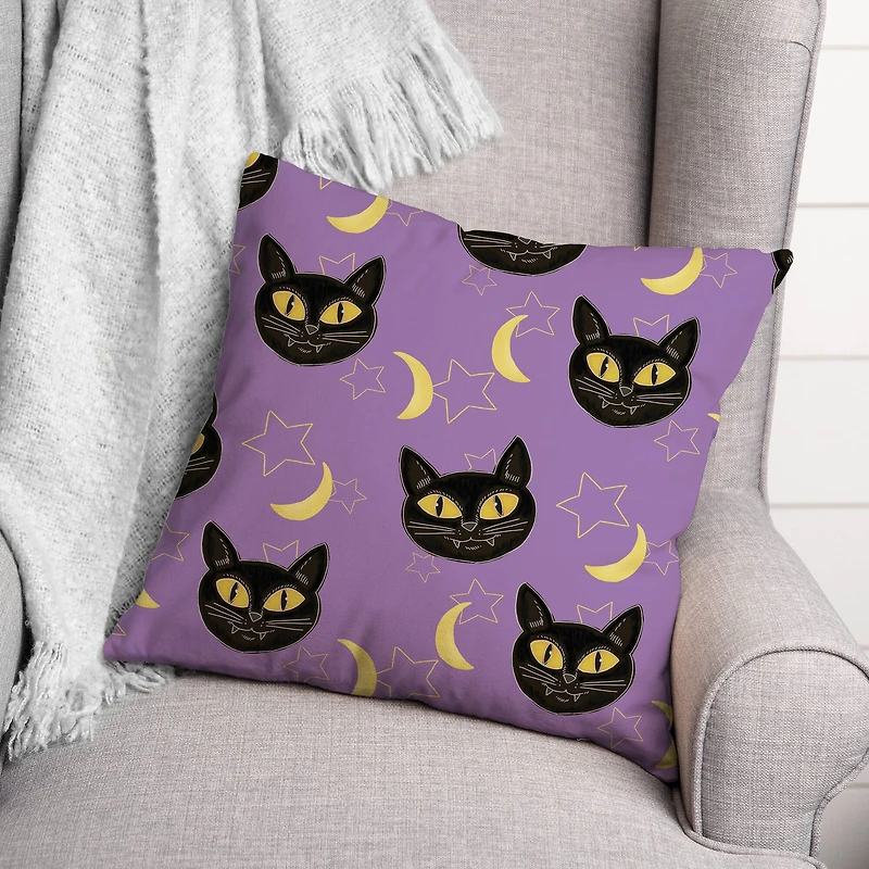 Cat, Moon & Stars Halloween Throw Pillow
