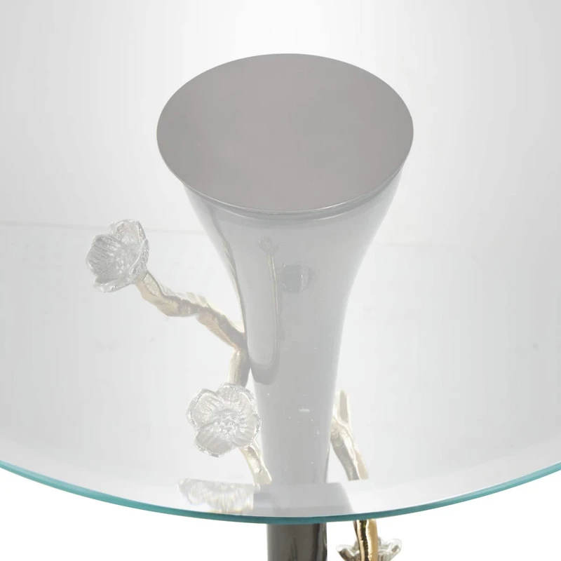 22.75" Black Aluminum Floral Twisted Vine Accent Table with Gold & Silver Accents & Glass Tabletop