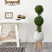 4ft. Boxwood Double Ball Topiary Artificial Tree in White Planter with Stand (Indoor/Outdoor)