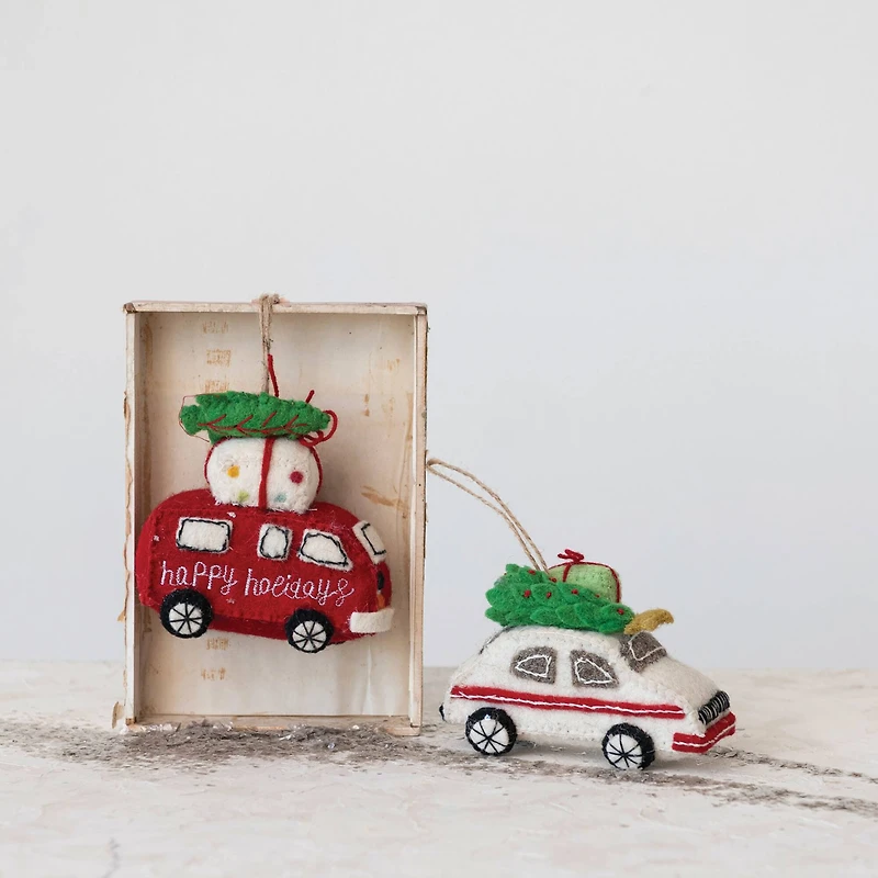 Hello Honey® Handmade Wool Felt Van & Car Ornament Set with Christmas Tree, Present, Applique & Embroidery
