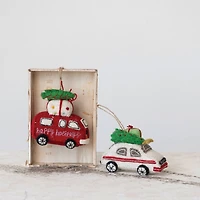 Hello Honey® Handmade Wool Felt Van & Car Ornament Set with Christmas Tree, Present, Applique & Embroidery
