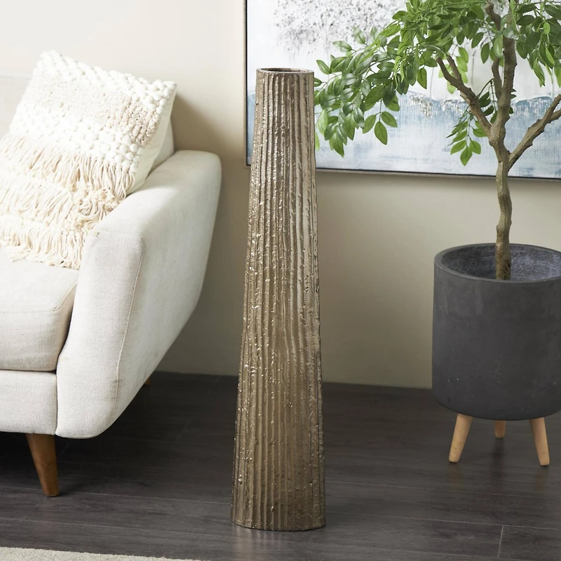 35.5" Brass Aluminum Metal Slim Flat Tall Floor Cone Vase with Textured Ridges