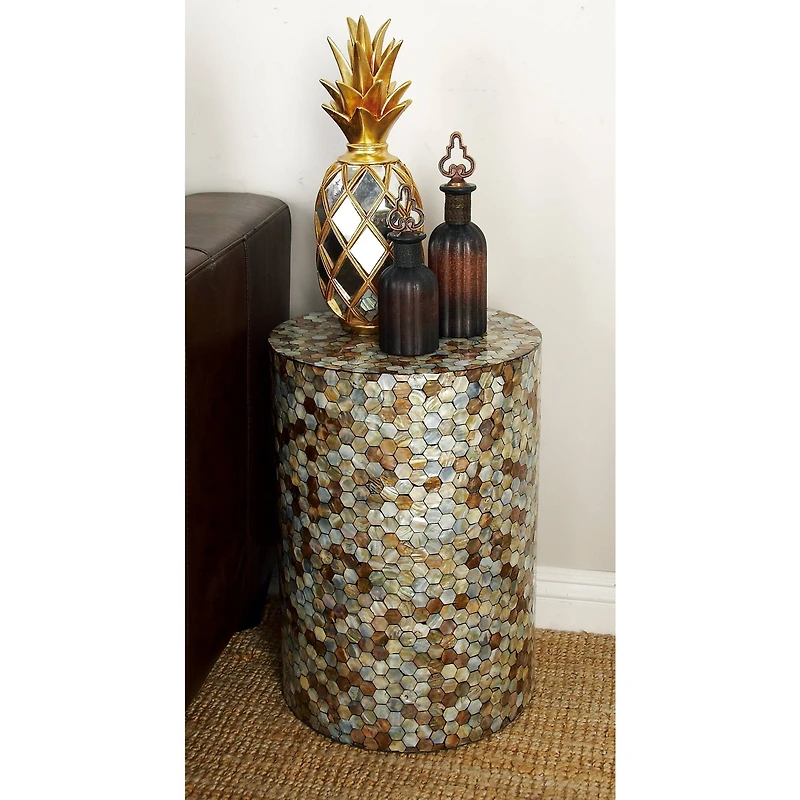 20" Multi Mussel Shells & Wood Contemporary Accent Table