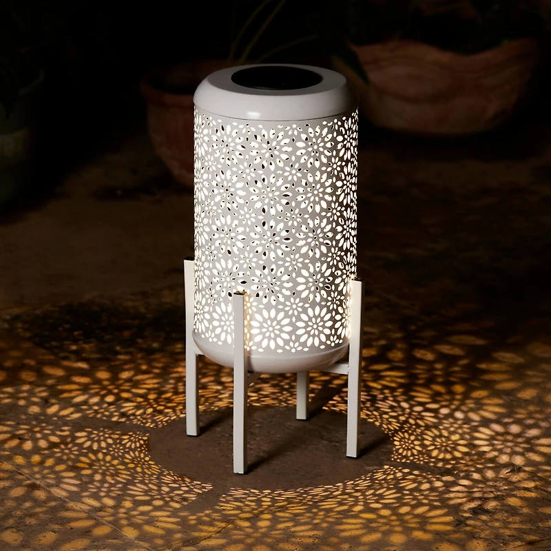Glitzhome® 14.25" White Metal Cutout Flower Pattern Solar Powered LED Outdoor Lantern