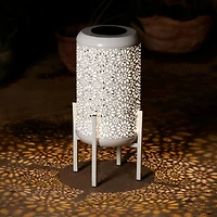 Glitzhome® 14.25" White Metal Cutout Flower Pattern Solar Powered LED Outdoor Lantern
