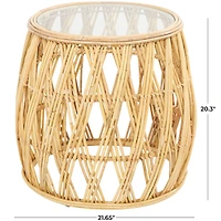 22" Brown Rattan Handmade Woven Geometric Accent Table with Glass Top