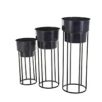 Black Metal Wash Textured Planter with Open Framed Black Caged Base Set