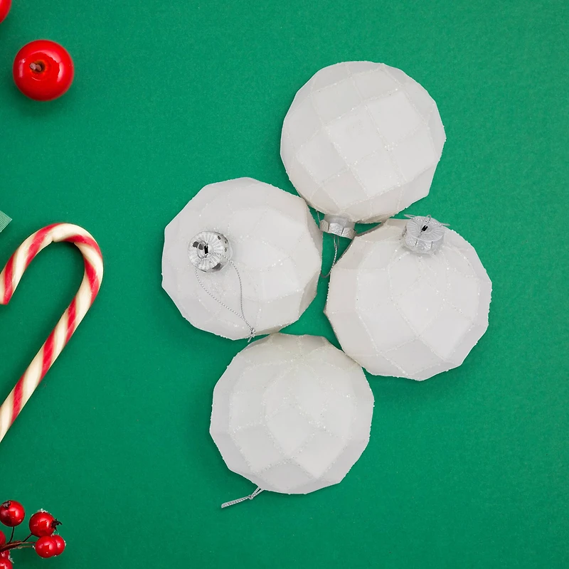 Glittered Christmas Glass Ball Ornaments - 3.75" (95mm) - White - 4ct