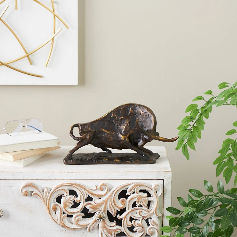 14.5" Black Polystone Bull Distressed Textured Decorative Sculpture with Gold Accents