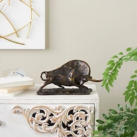 14.5" Black Polystone Bull Distressed Textured Decorative Sculpture with Gold Accents