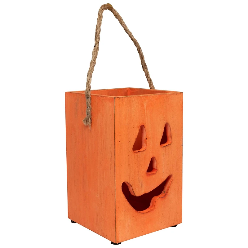 8" Large Orange Wood Jack-O-Lantern Halloween Candle Lantern