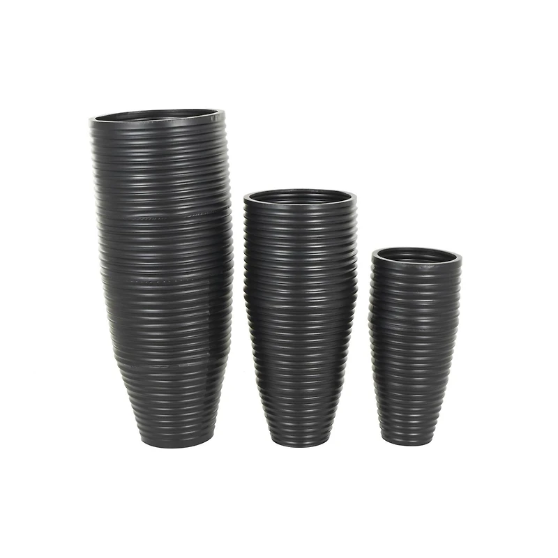 Black Ribbed Floor Metal Vase Set with Horizontal Grooves