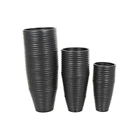 Black Ribbed Floor Metal Vase Set with Horizontal Grooves
